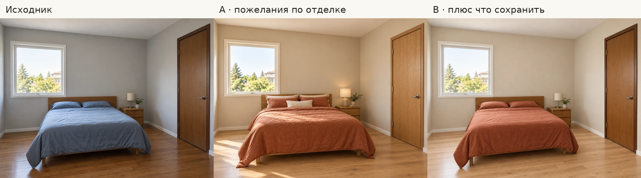 Спальня: исходник и два результата imagegen, с более заметными дополнительными изменениями в варианте A
