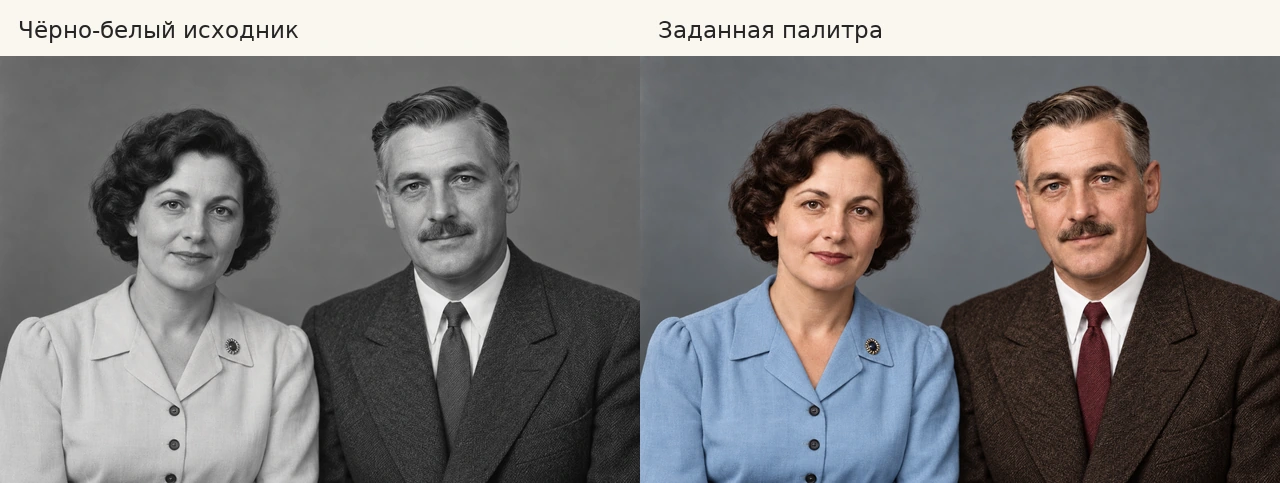 Чёрно-белый синтетический портрет и отдельная цветная версия по заданной палитре