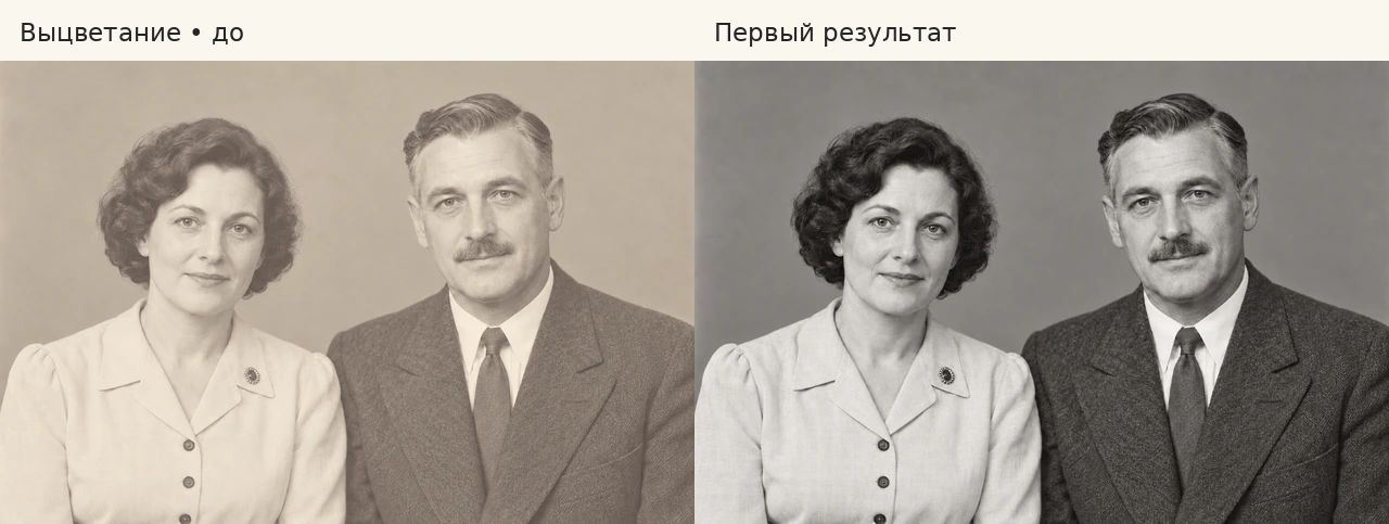 Выцветший синтетический портрет и первый результат коррекции контраста