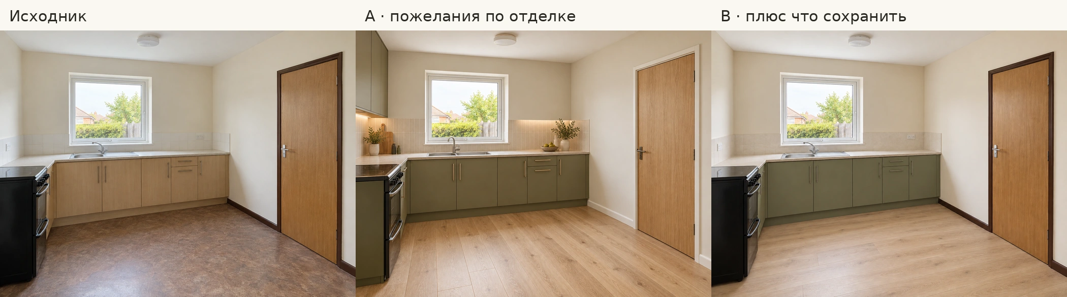Кухня: синтетический исходник, результат A с новой мебелью и результат B с сохранённой сценой