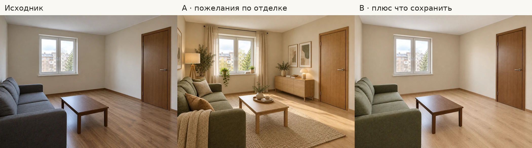 Гостиная: исходник, вариант A со шторами, ковром и комодом и вариант B без добавленной мебели