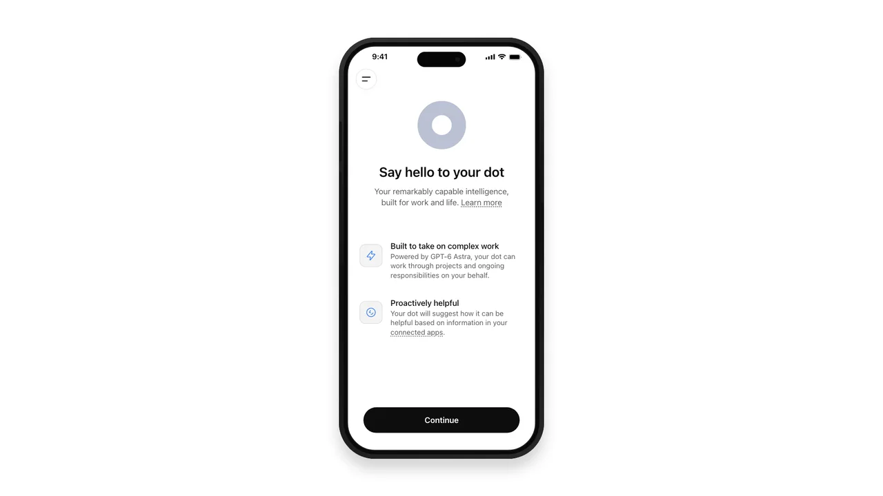 Экран Say hello to your dot и кнопка Continue на iPhone в официальной демонстрации OpenAI