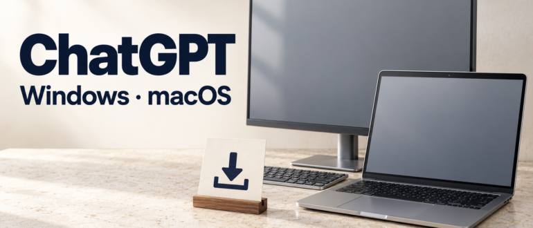 Настольный компьютер и ноутбук с символом загрузки ChatGPT для Windows и macOS