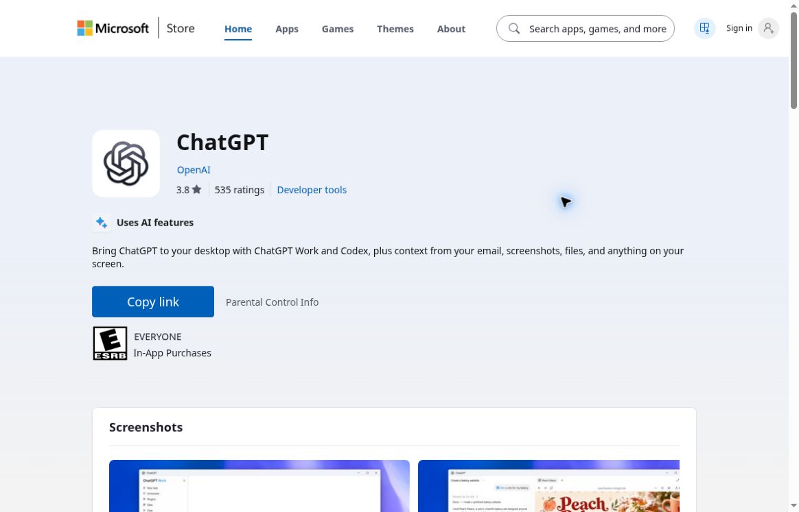 Карточка нового ChatGPT от OpenAI в веб-версии Microsoft Store