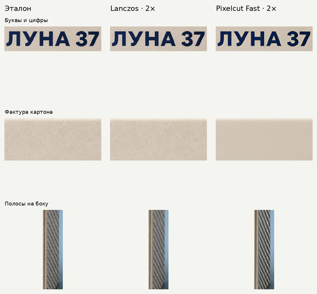 Надпись ЛУНА 37, фактура картона и боковые полосы в эталоне, после Lanczos и Pixelcut Fast 2×