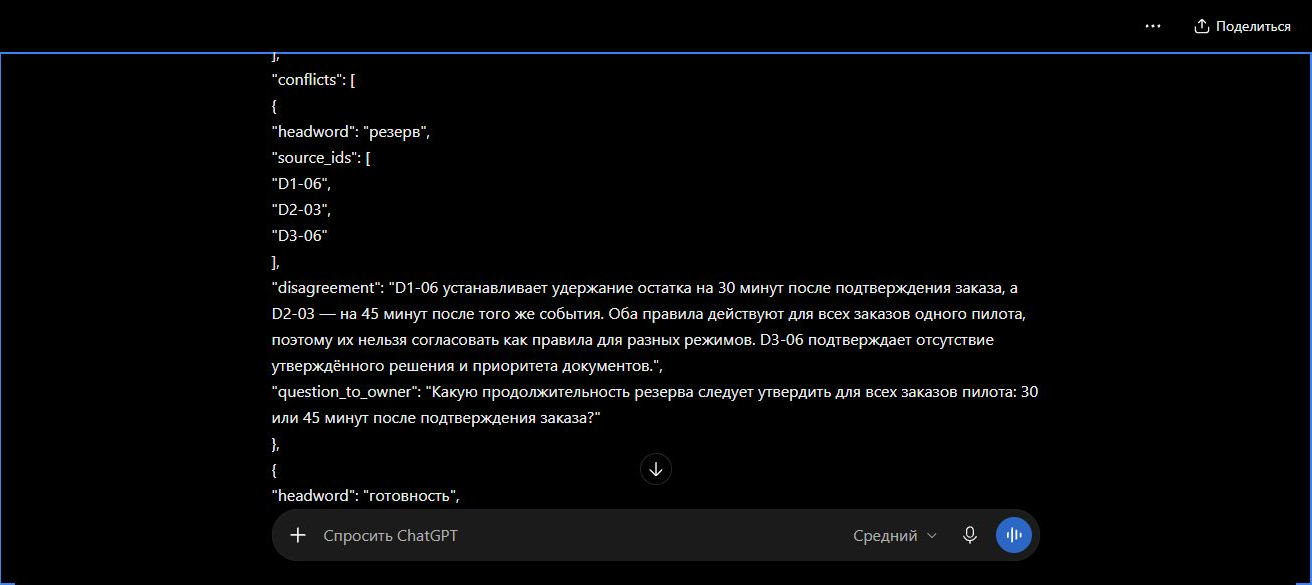 Ответ ChatGPT с конфликтом сроков резерва 30 и 45 минут и вопросом владельцу процесса.