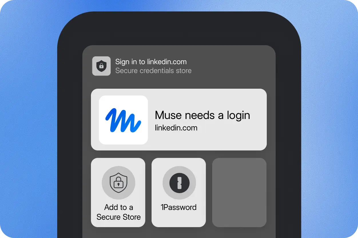 Запрос Muse на вход в LinkedIn с выбором 1Password