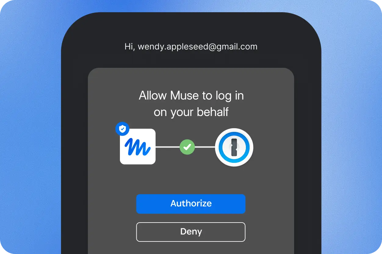 Окно 1Password с подтверждением входа Muse и кнопками Authorize и Deny