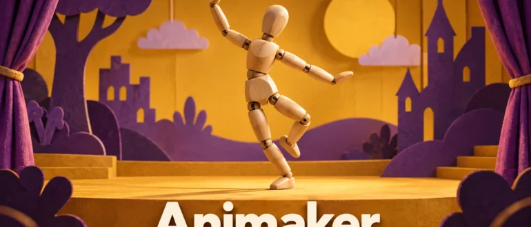 Animaker: деревянная фигурка на анимационной сцене