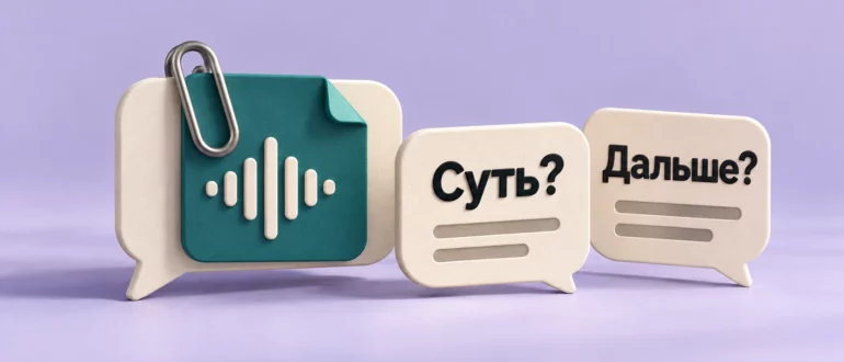 Аудиофайл с волной прикреплён к карточке диалога, рядом вопросы «Суть?» и «Дальше?»
