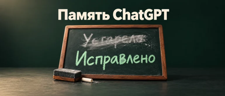 Грифельная доска со стёртой устаревшей записью и новым исправлением под заголовком «Память ChatGPT»