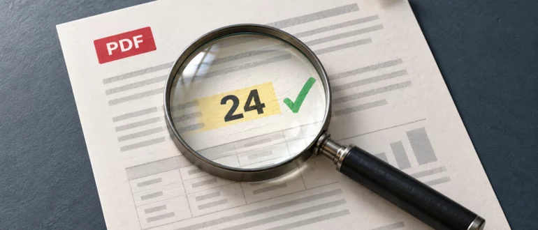 Лупа над выделенным числом 24 и зелёной галочкой на листе PDF