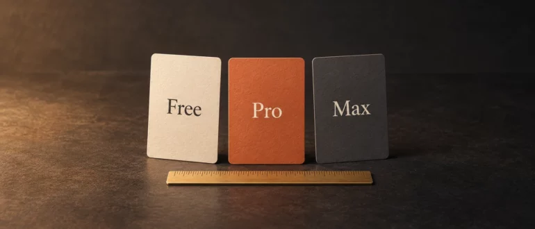 Три предметные карточки с названиями Free, Pro и Max на тёмном столе рядом с линейкой