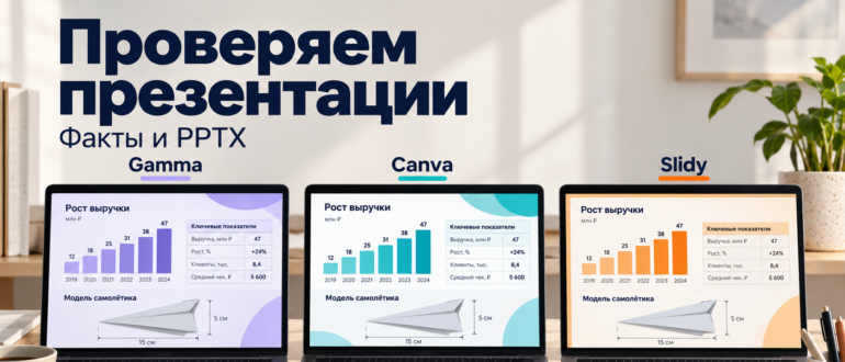 Три ноутбука с условными презентациями Gamma, Canva и Slidy — проверяем факты и PPTX