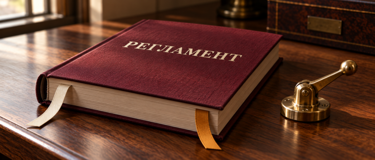 Бордовая книга с надписью РЕГЛАМЕНТ и двумя закладками на деревянном столе