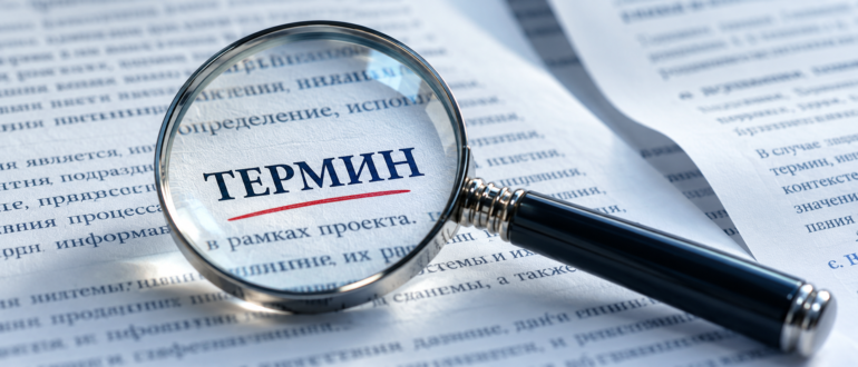 Лупа увеличивает слово ТЕРМИН на печатном документе.