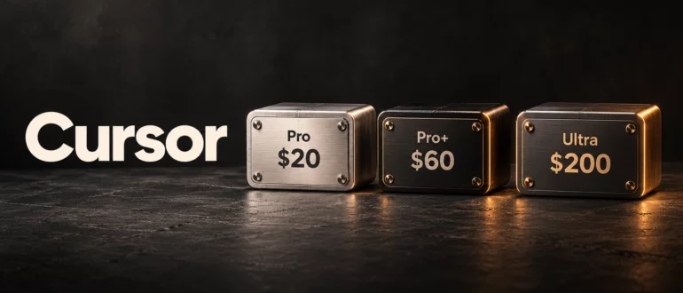 Три металлических модуля с тарифами Cursor: Pro за 20 долларов, Pro+ за 60 долларов и Ultra за 200 долларов в месяц