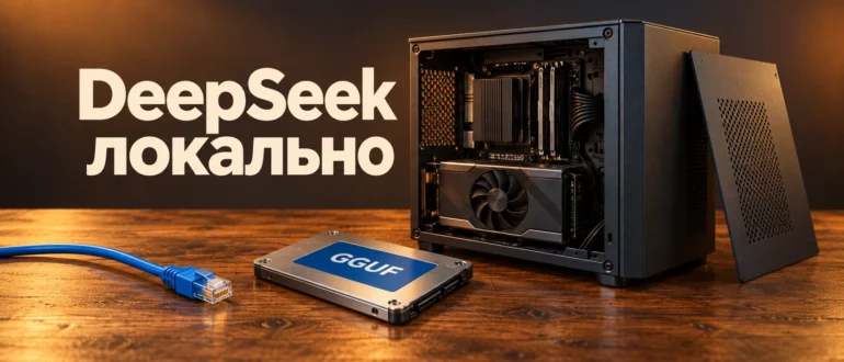 Открытый корпус компьютера, SSD с надписью GGUF и отключённый сетевой кабель для иллюстрации локального запуска DeepSeek