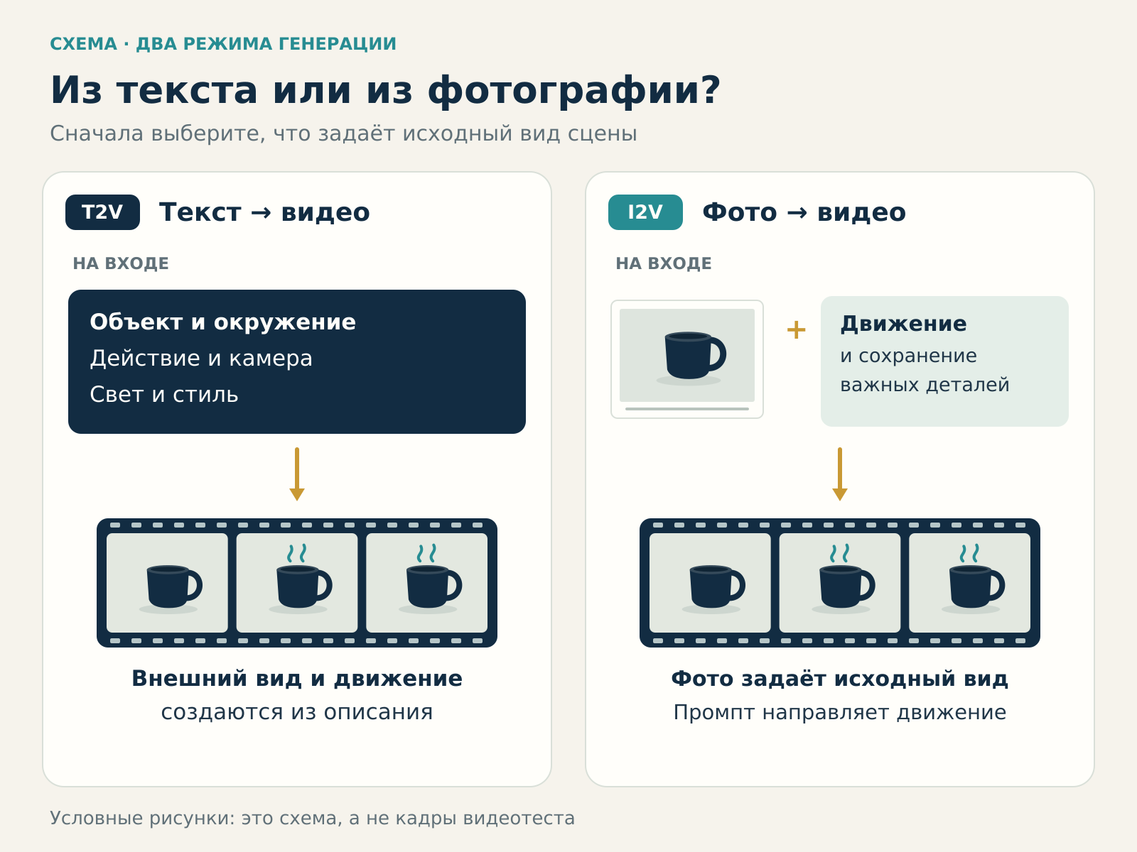 Схема T2V и I2V: текст описывает сцену и движение; фотография задаёт исходный вид, а промпт направляет движение
