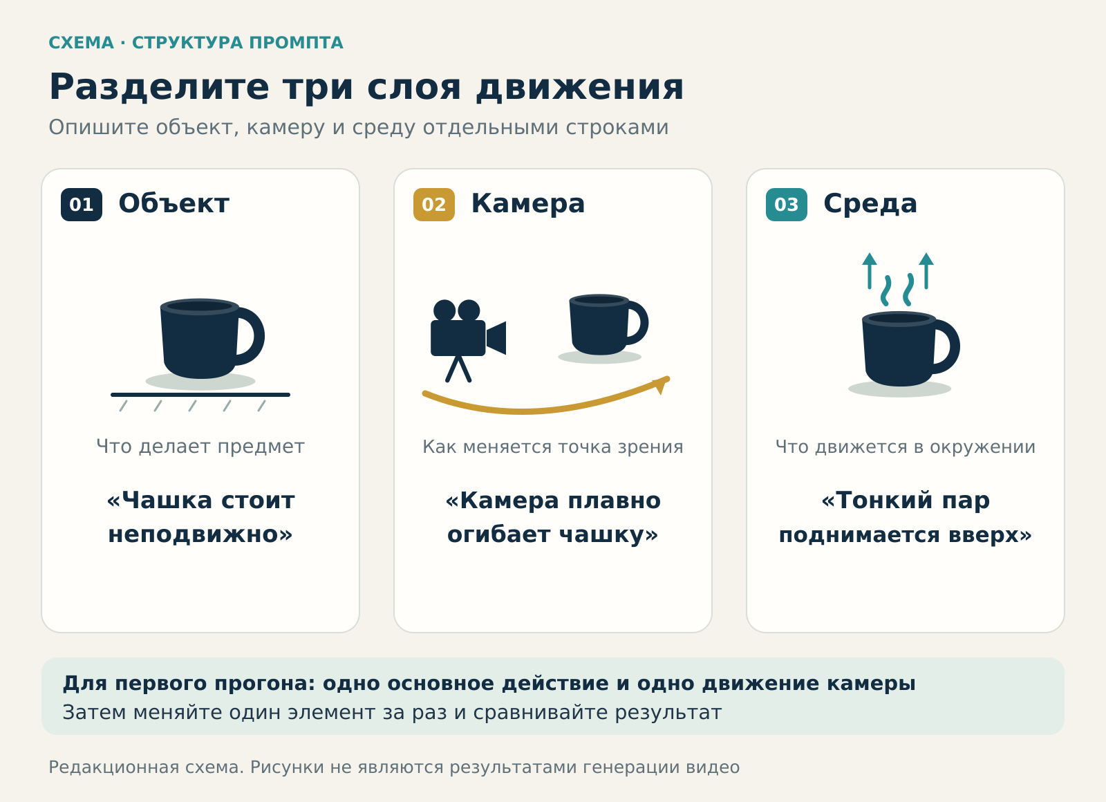 Схема трёх слоёв движения: чашка неподвижна, камера плавно огибает чашку, тонкий пар поднимается вверх