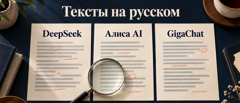 Три листа с названиями DeepSeek, Алиса AI и GigaChat и редакторская лупа.