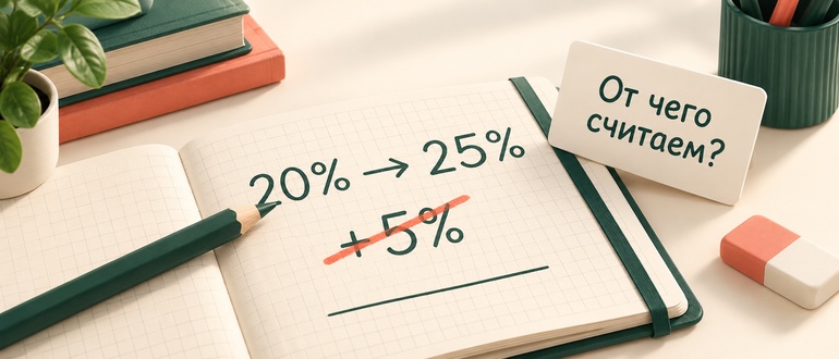 Задача 20% → 25%, зачёркнутая ошибка +5% и карточка-подсказка «От чего считаем?»