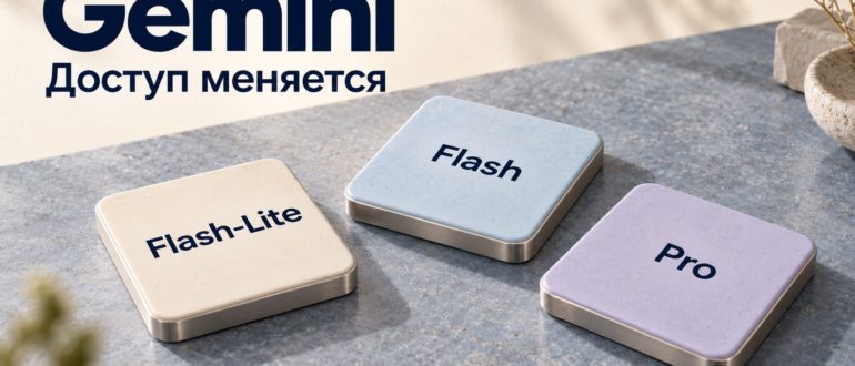 Редакционная обложка Gemini с подписью «Доступ меняется» и тремя предметными карточками Flash-Lite, Flash и Pro