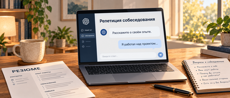 Репетиция собеседования в чате на экране ноутбука, резюме и блокнот с вопросами