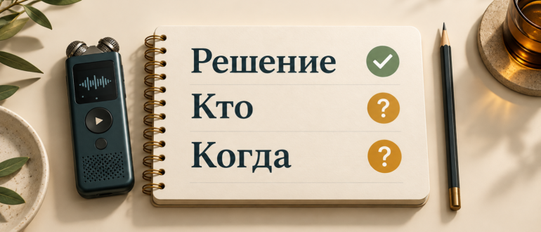 Блокнот с пунктами «Решение», «Кто» и «Когда» рядом с диктофоном