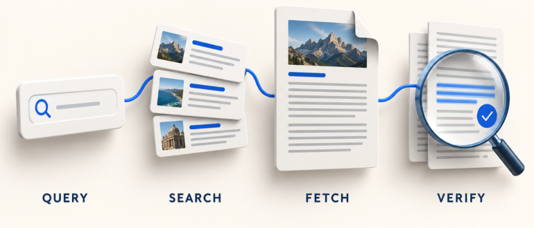Путь от поискового запроса через Search и Fetch к проверке текста первоисточника