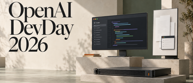OpenAI DevDay 2026: предметная композиция с экраном Codex, документами и сервером