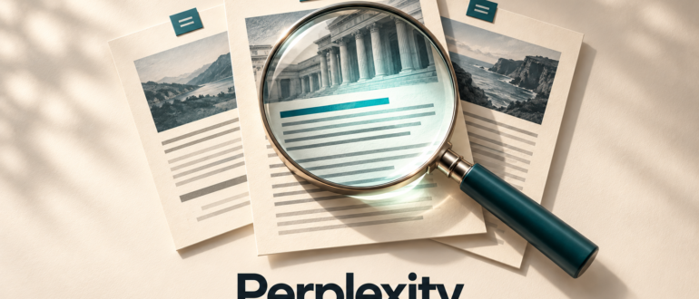 Perplexity: иллюстрация поиска и исследования источников с увеличительным стеклом