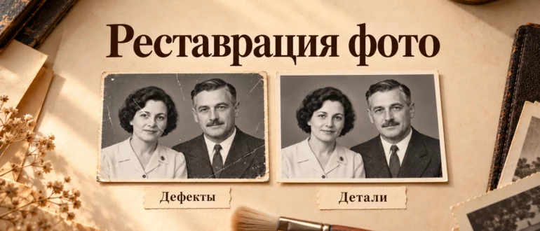 Иллюстрация реставрации фото: два отпечатка с вымышленными людьми, повреждения и сохранённые детали
