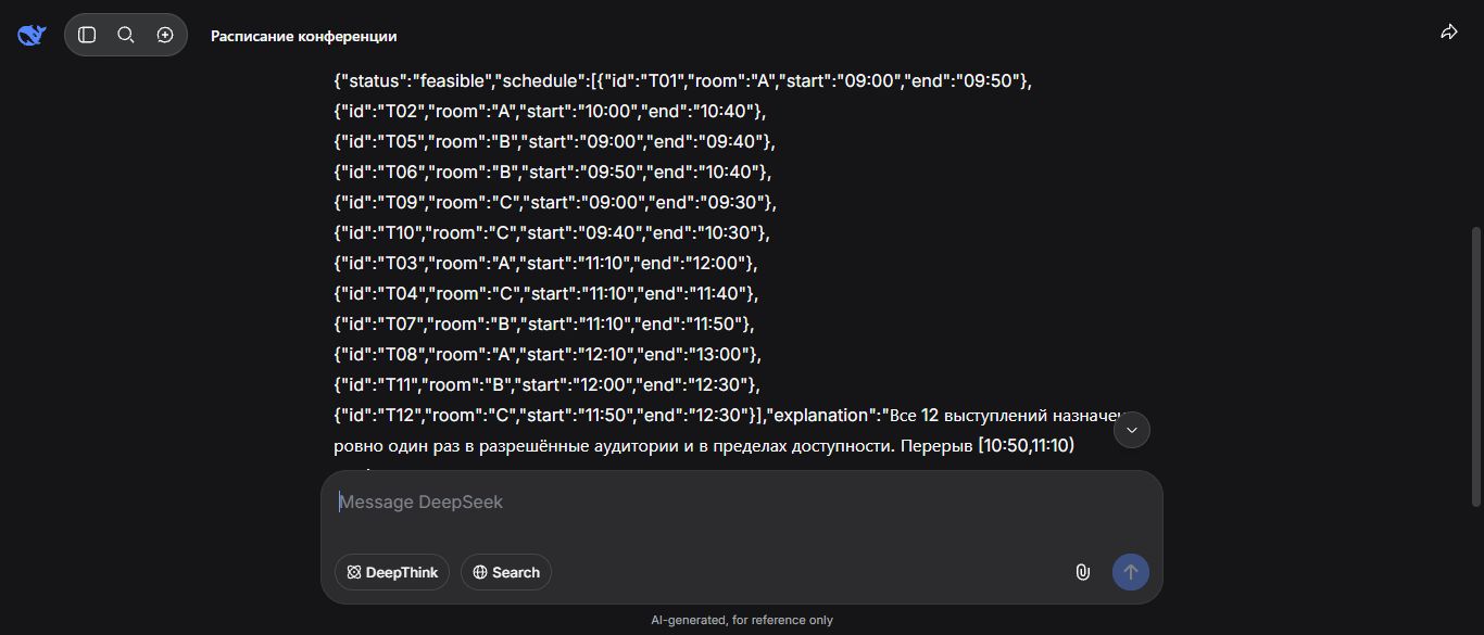 Первый ответ DeepSeek с расписанием 12 выступлений по аудиториям A B и C