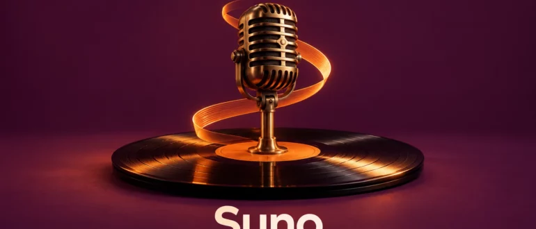 Suno: микрофон над виниловой пластинкой