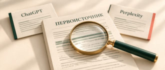 Лупа над первоисточником рядом с двумя бумажными ответами ChatGPT и Perplexity